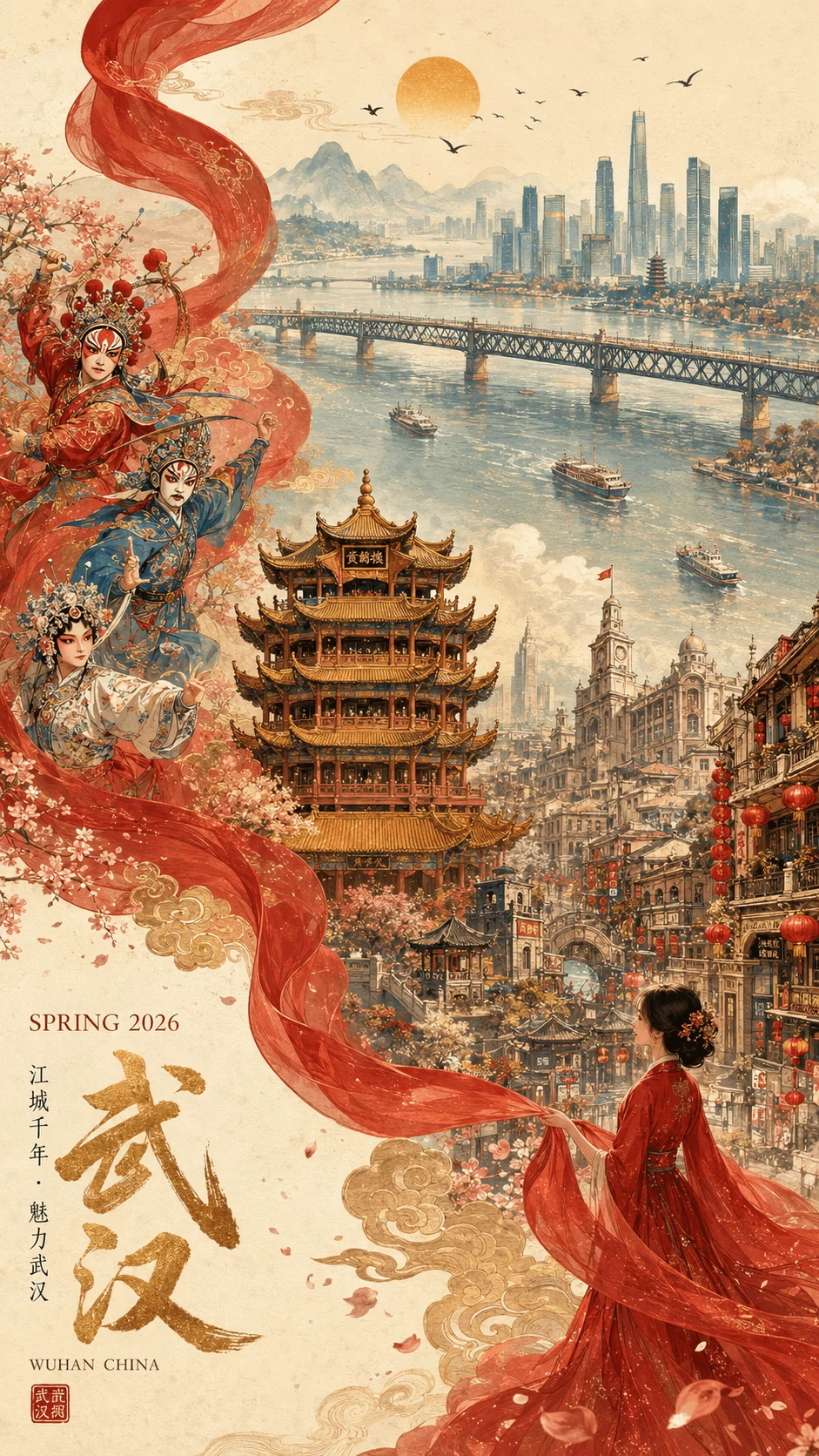 国潮武汉城市旅游宣传插画海报